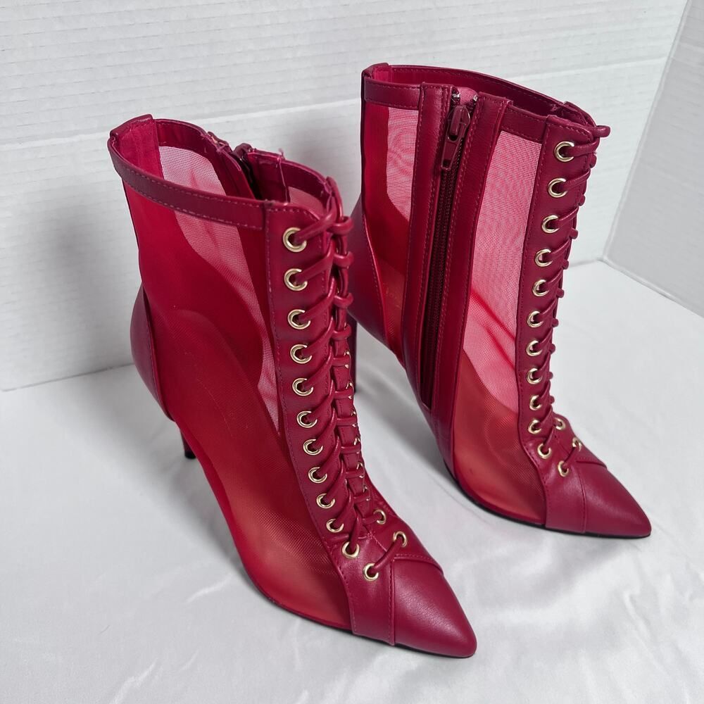 Anne Michelle Deliver the Heat Red Lace Up Pointed Toe Stiletto Booties Womens 6